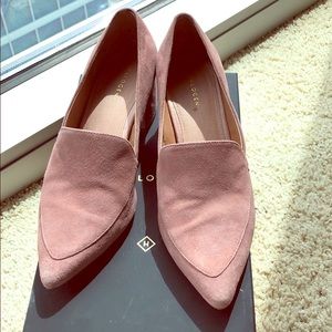 Halogen Pink Suede Pointy Loafers with block heels